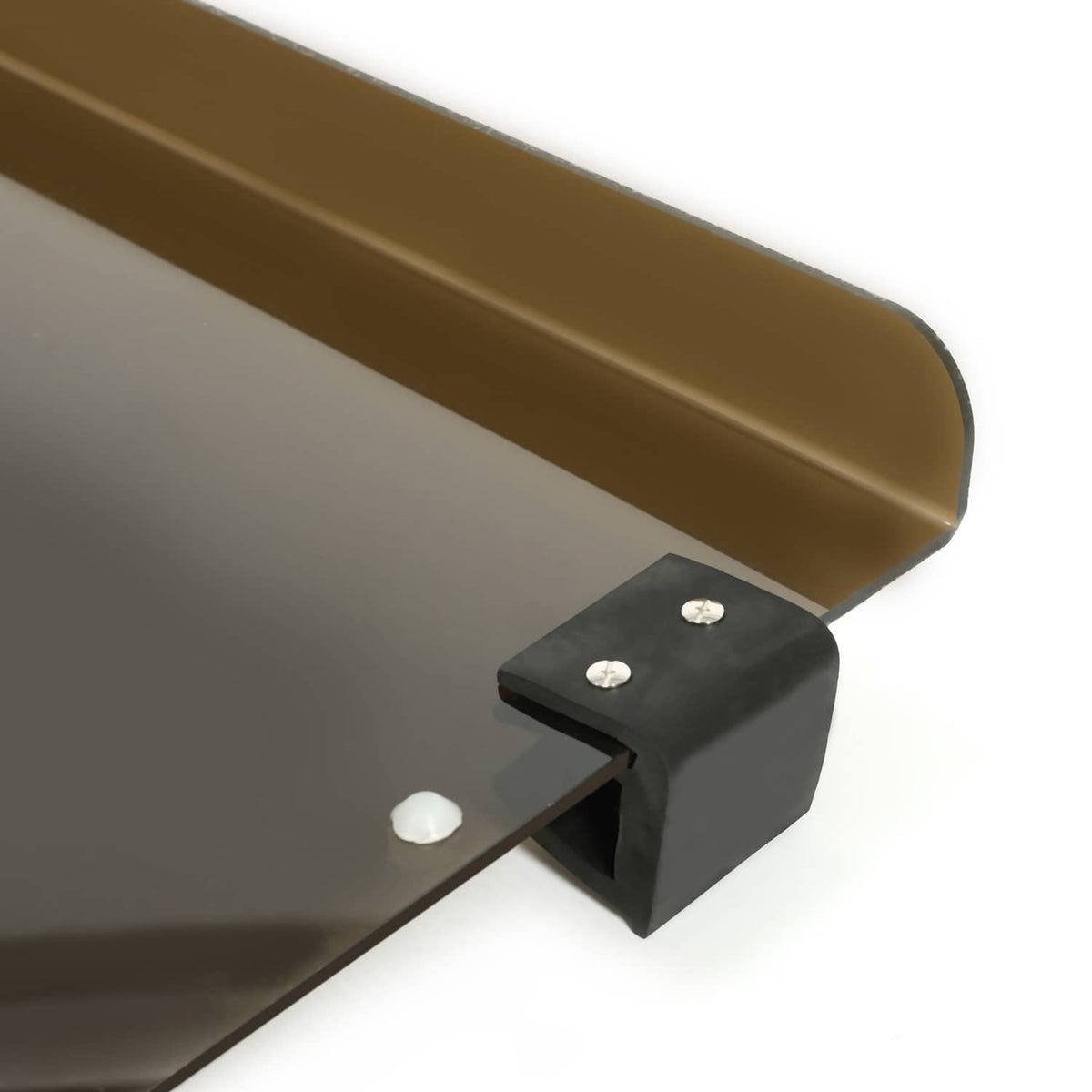 Close-up of bronze-framed tinted windshield windscreen corner bracket and fasteners