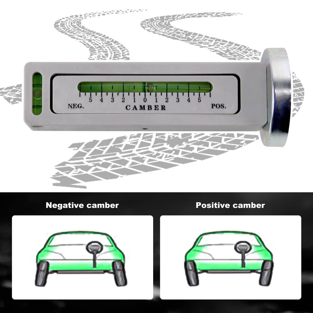Camber gauge tool with green measuring window, NEG and POS scale and base