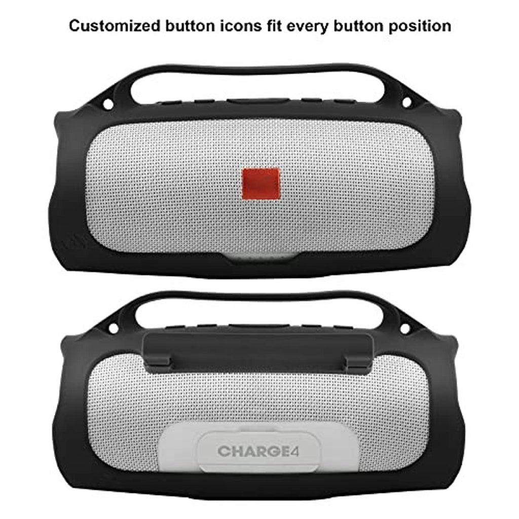 Silicone speaker case front and back views with gray mesh and black protective housing