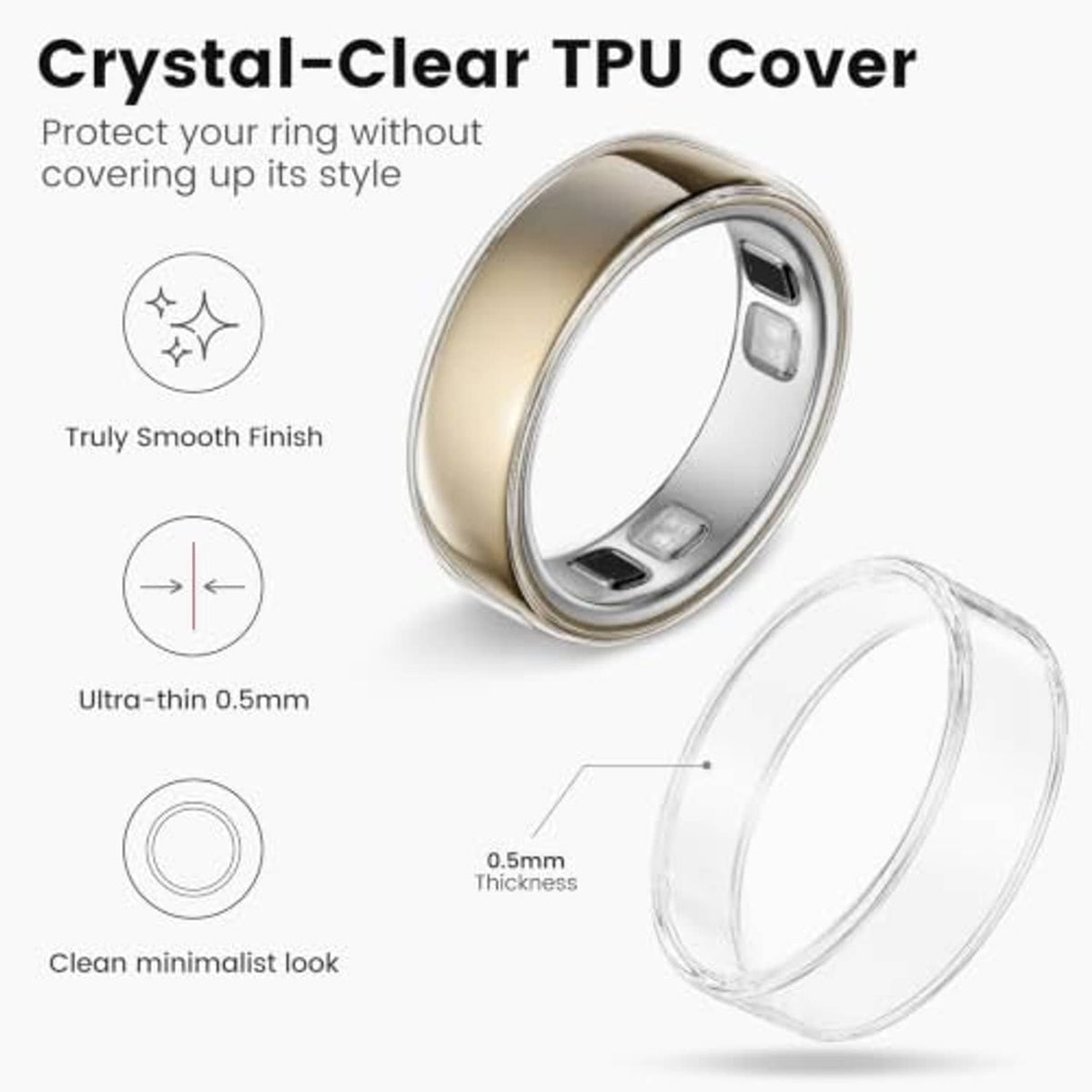 Crystal-clear TPU ring cover, ultra-thin sleeve with smooth finish and open ring interior.