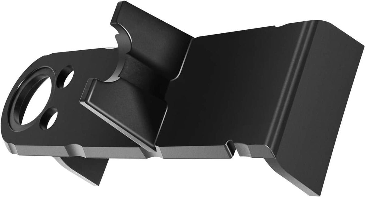 Black by-pass valve bracket with mounting holes and curved mounting arm