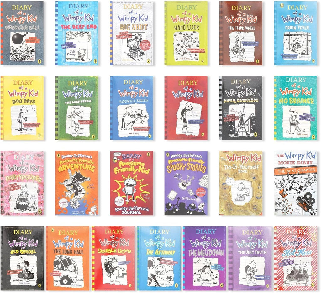 Diary of a Wimpy Kid paperback collection showing many colorful book covers