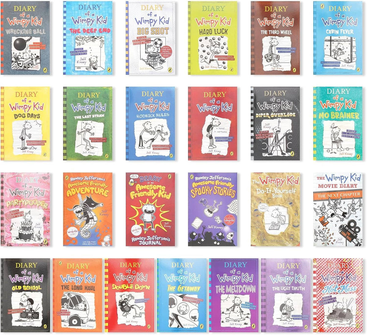 Diary of a Wimpy Kid paperback collection showing many colorful book covers