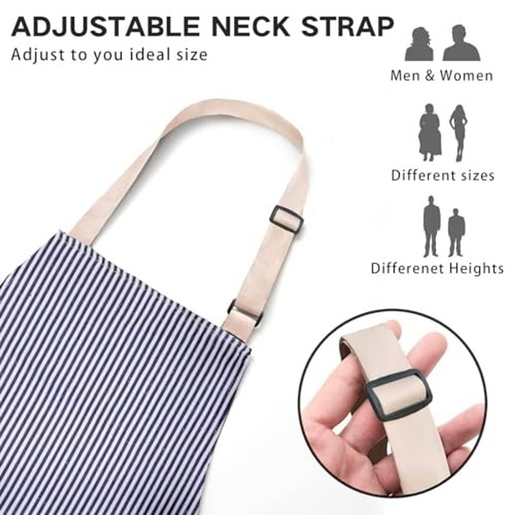 Adjustable bib apron neck strap with metal buckle on blue pinstripe apron