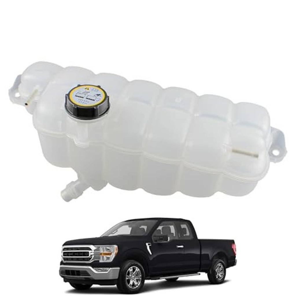 White engine radiator coolant overflow reservoir tank with black cap and hose port