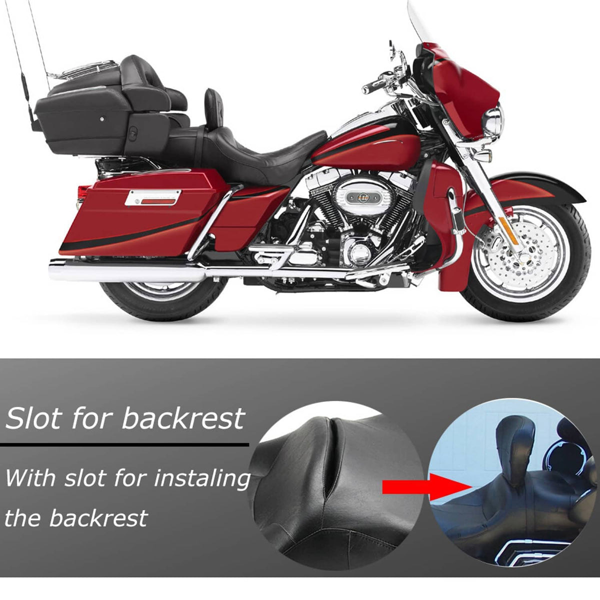 Black motorcycle passenger seat on bike with backrest slot area, side view