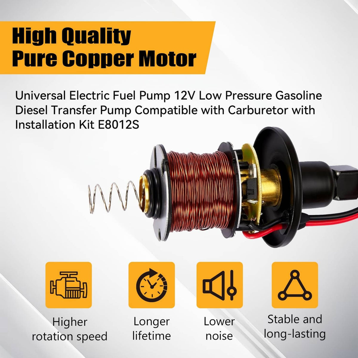 Inline 12V electric fuel pump with visible copper motor coil and wiring leads