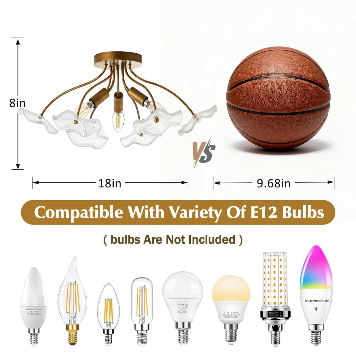 Brass semi flush ceiling light with clear glass shades and exposed bulbs