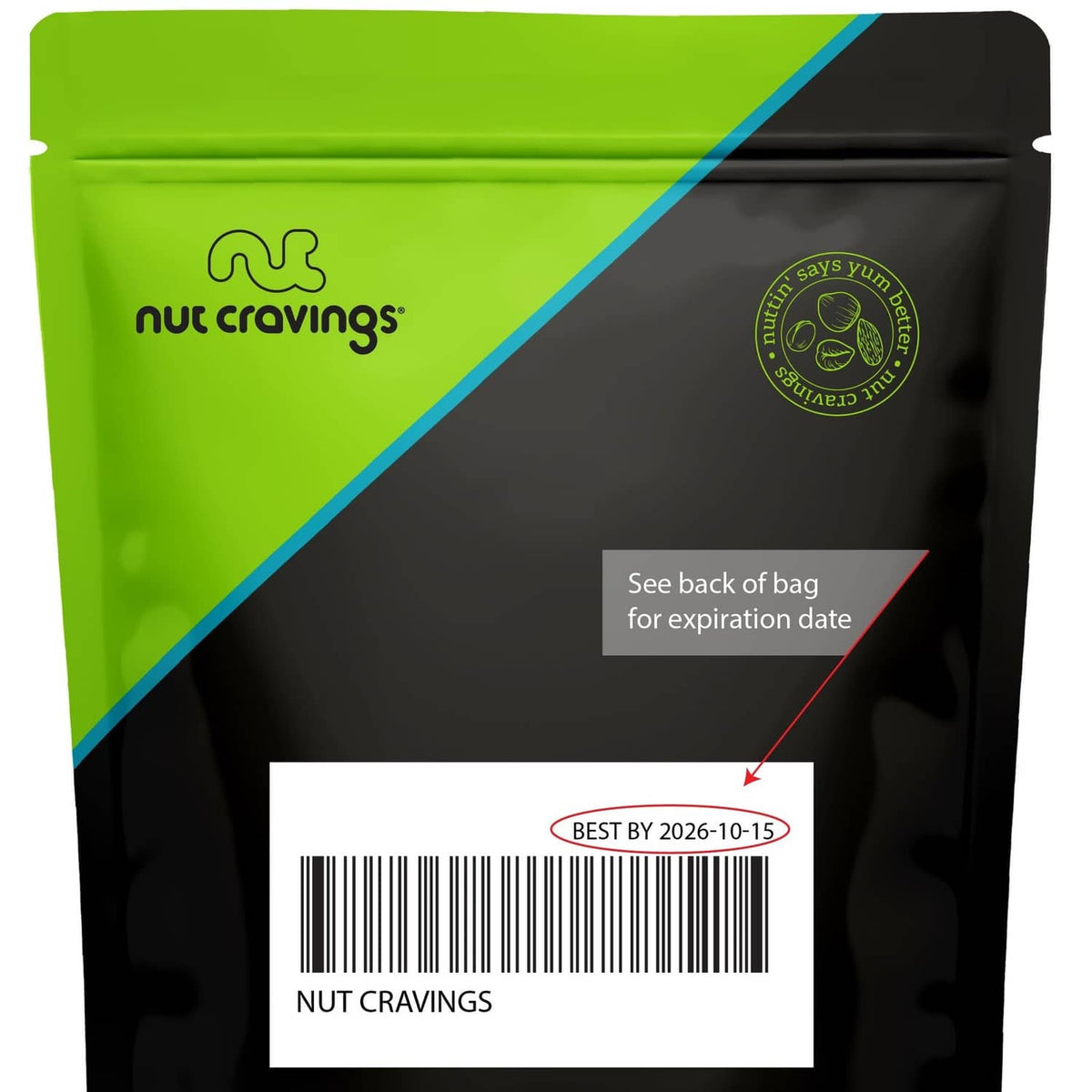 Back view of dried pineapple chunks bag with barcode and best-by date label