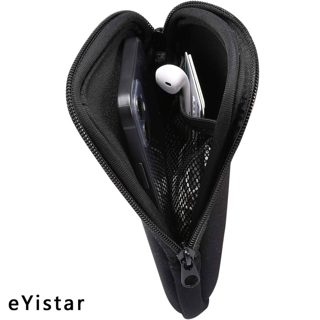 Black zippered phone pouch sleeve open, showing mesh pocket and items inside