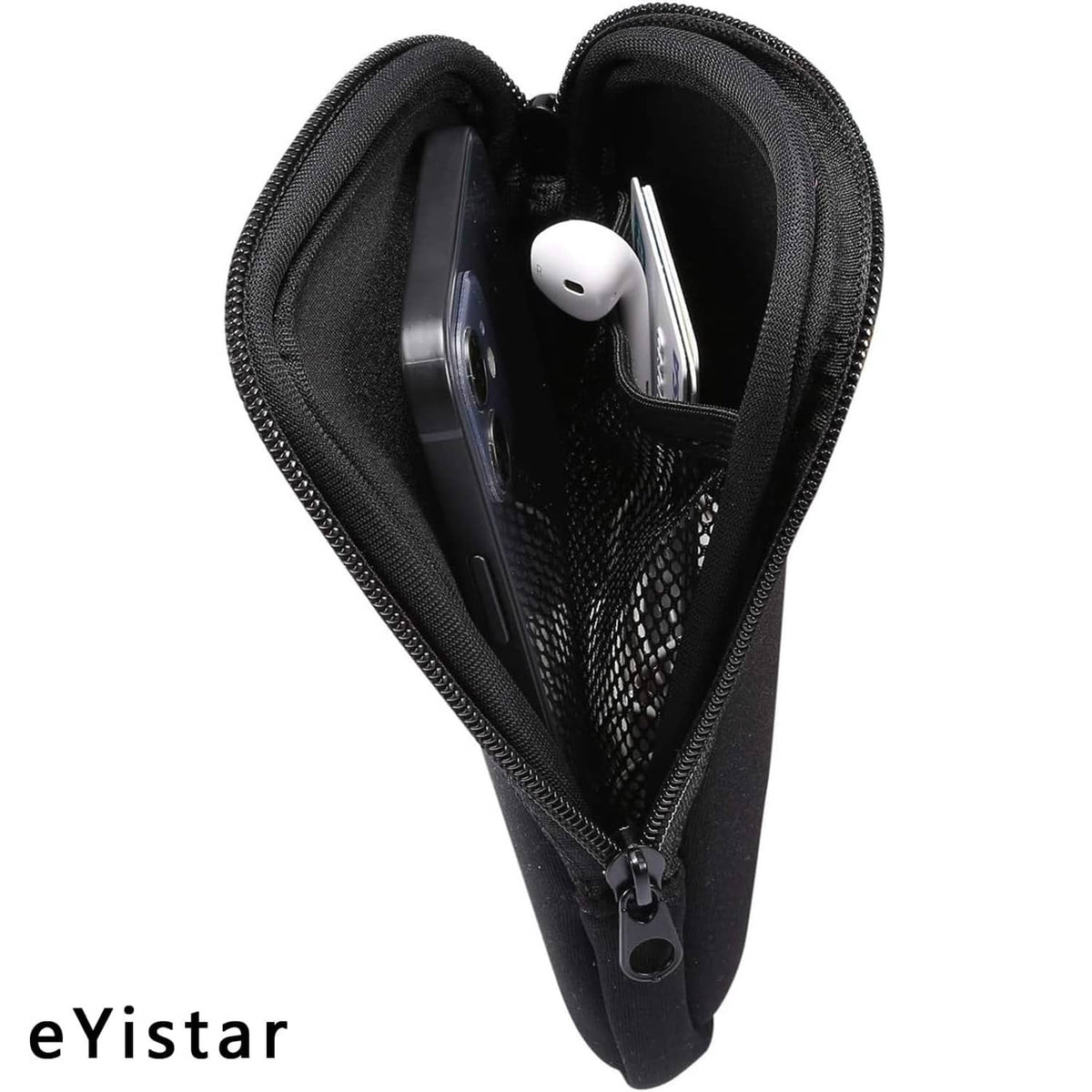Black zippered phone pouch sleeve open, showing mesh pocket and items inside