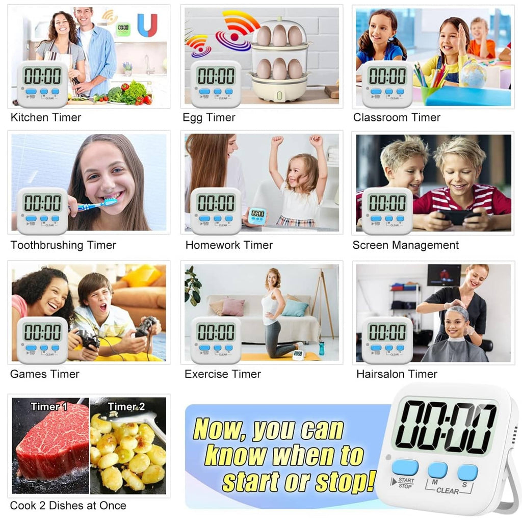 Set of white digital countdown timers showing 00:00 display for various activities