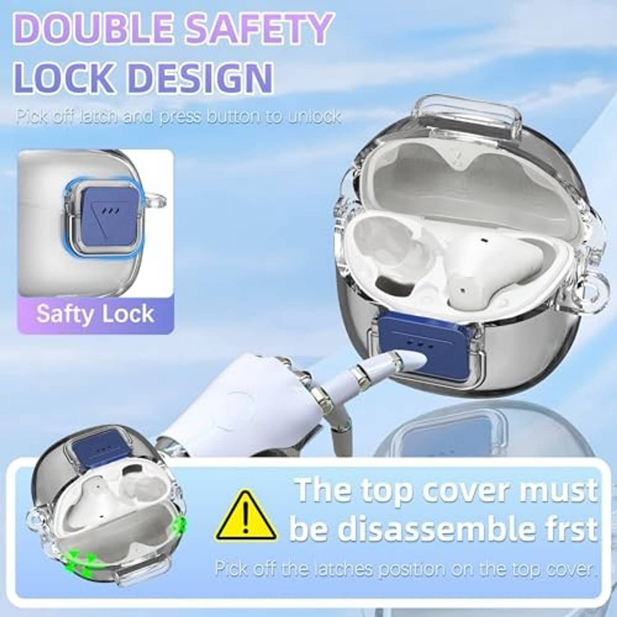 Clear TPU earbud case cover with blue double-safety latch, open