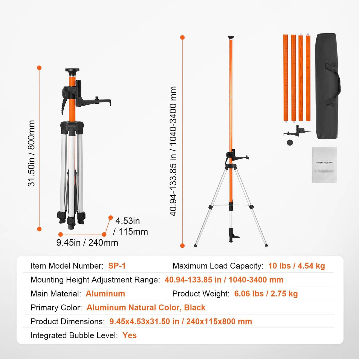 Laser level tripod with orange column and black mounting head; black accessory bag