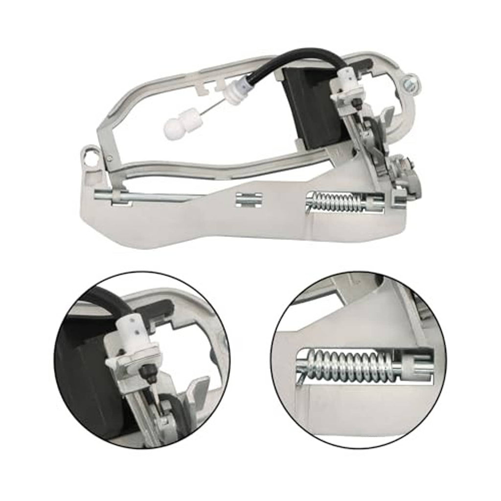 Outside door handle carrier with chrome housing; inset close-ups of actuator and spring