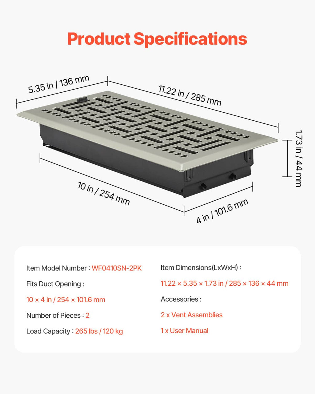 4x10 floor register vent layout view with top grille and black damper box