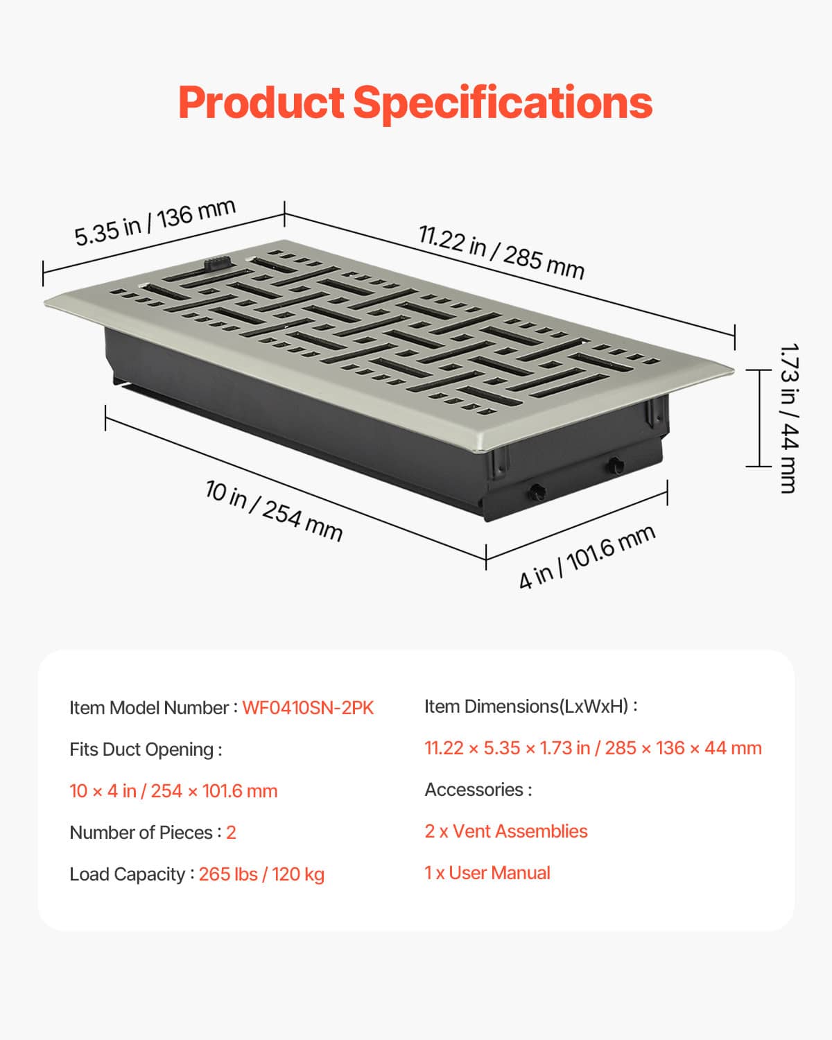 4x10 floor register vent layout view with top grille and black damper box