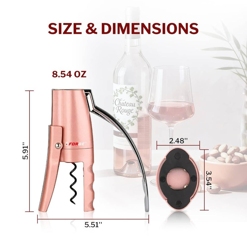 Pink compact vertical lever corkscrew with chrome handle and black cork plate.