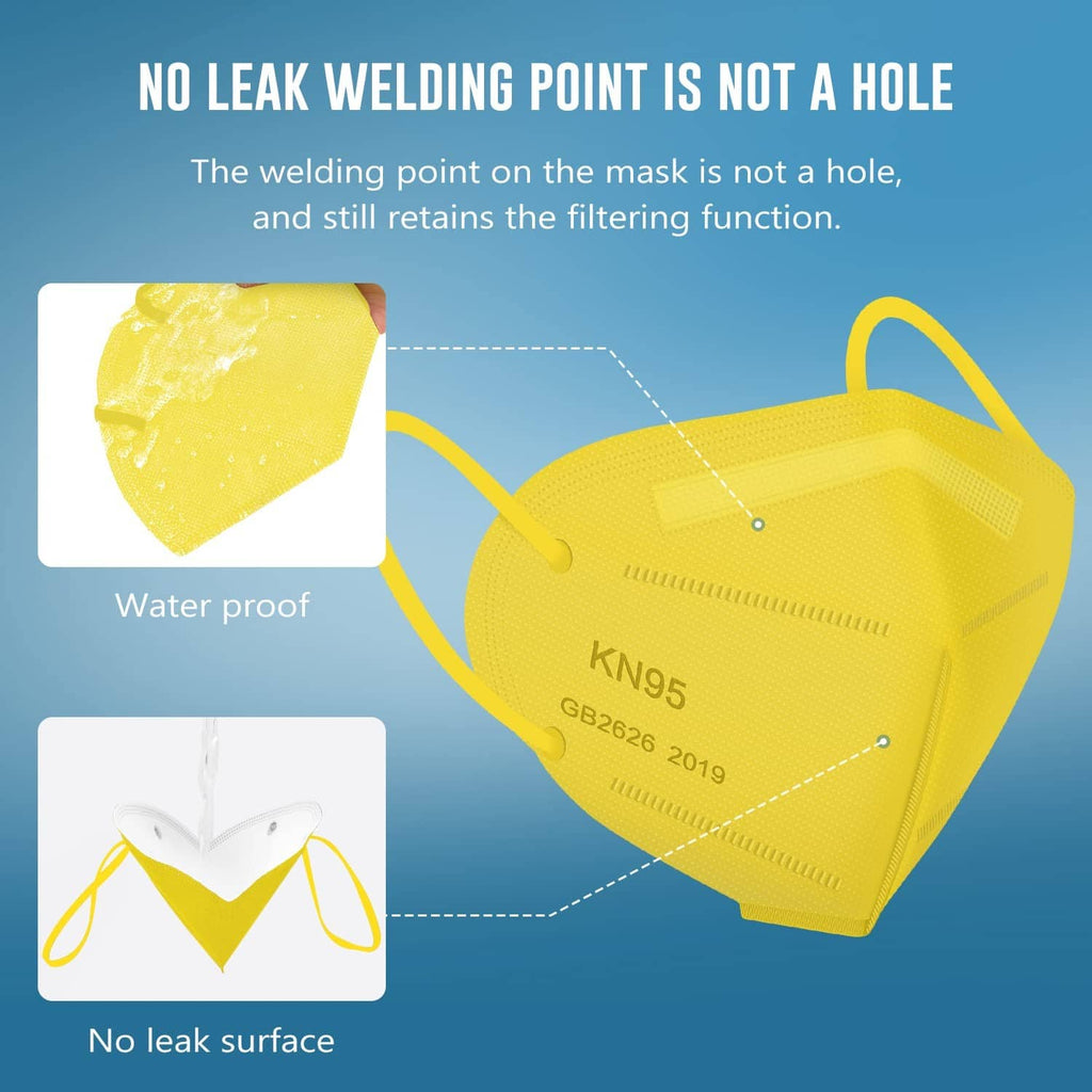 Yellow KN95 face mask with close-up of sealed welding point