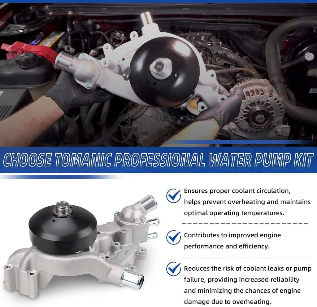 Water pump with thermostat on engine bay, silver housing with black circular cover
