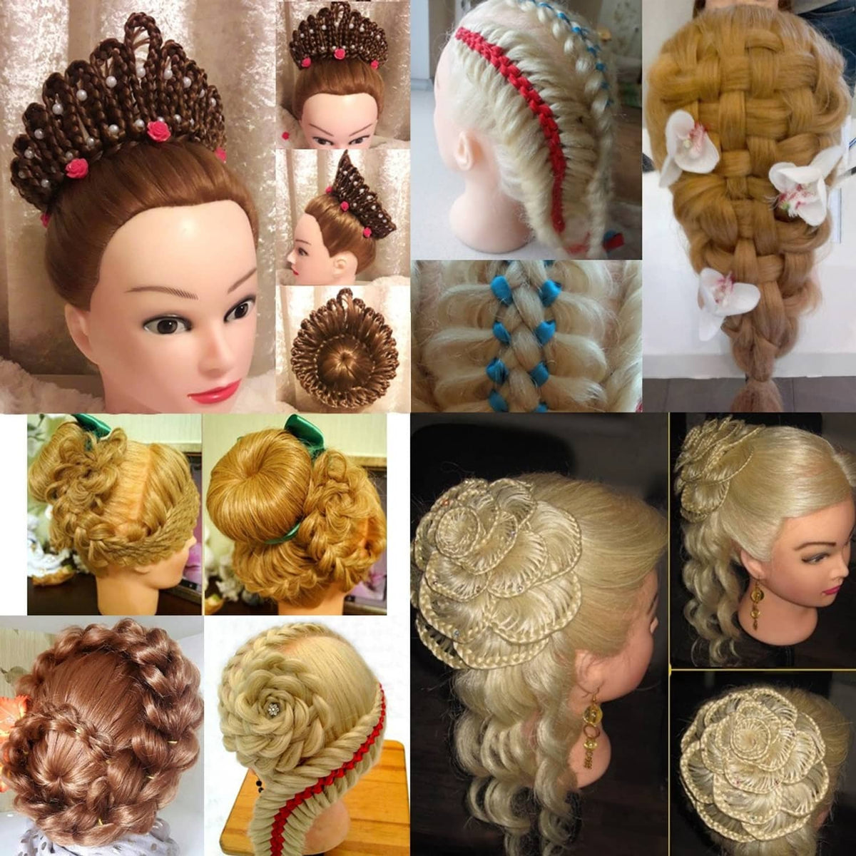 Hair training practice head mannequin showing multiple braided and styled updos