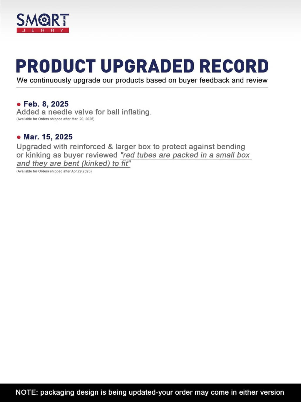 Product upgrade record infographic with Smart Jerry logo and update notes