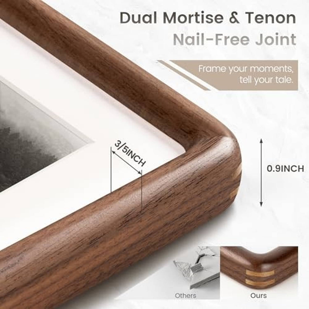 Walnut picture frame corner close-up with smooth rounded edge and strong join