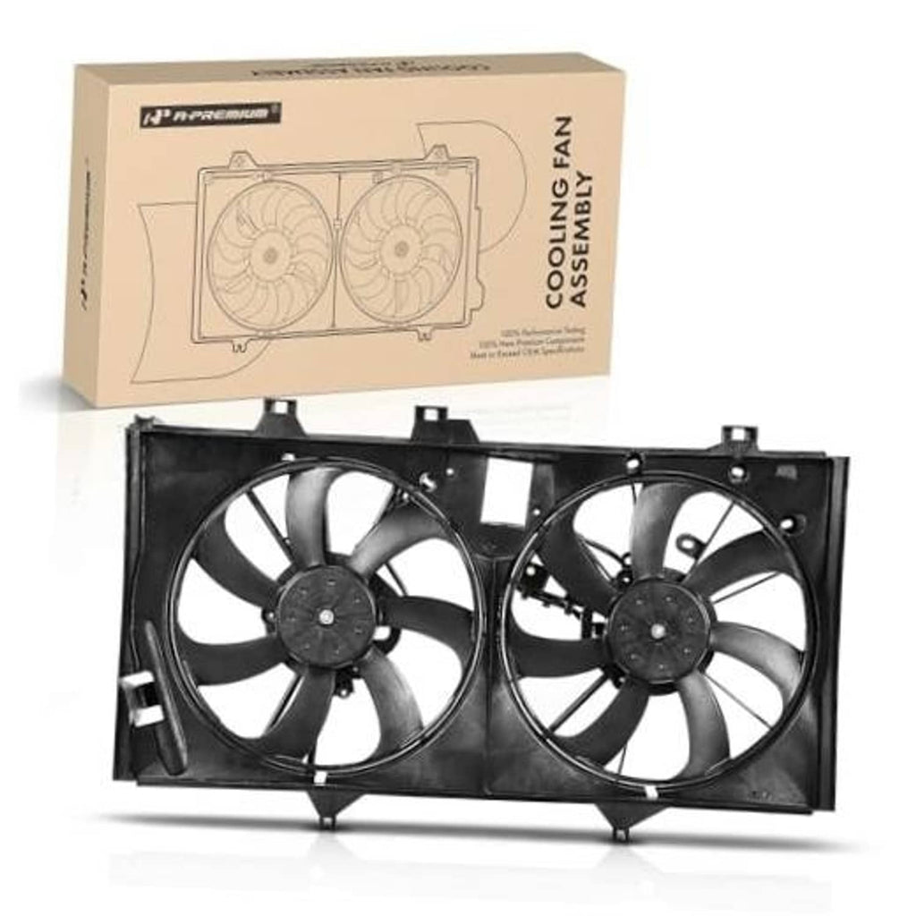 Engine radiator cooling fan assembly with dual electric fans and mounting frame