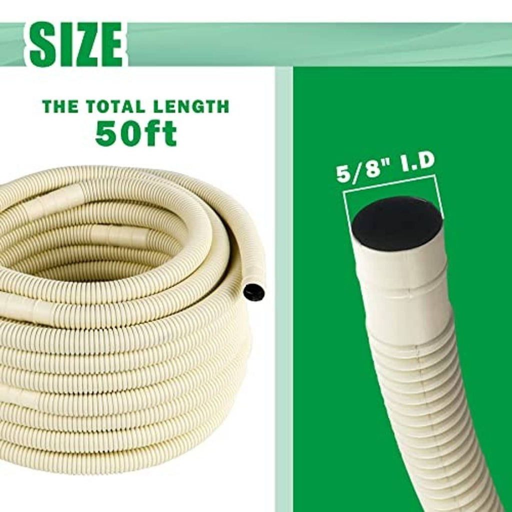 Coiled beige corrugated mini-split drain hose with black connector end visible.