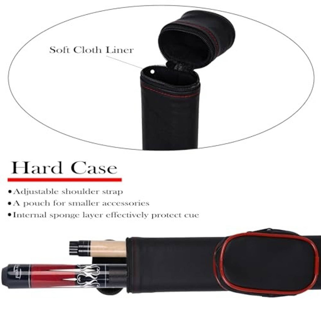 Black hard cue case with red-trim zipper, open top revealing cue shafts inside