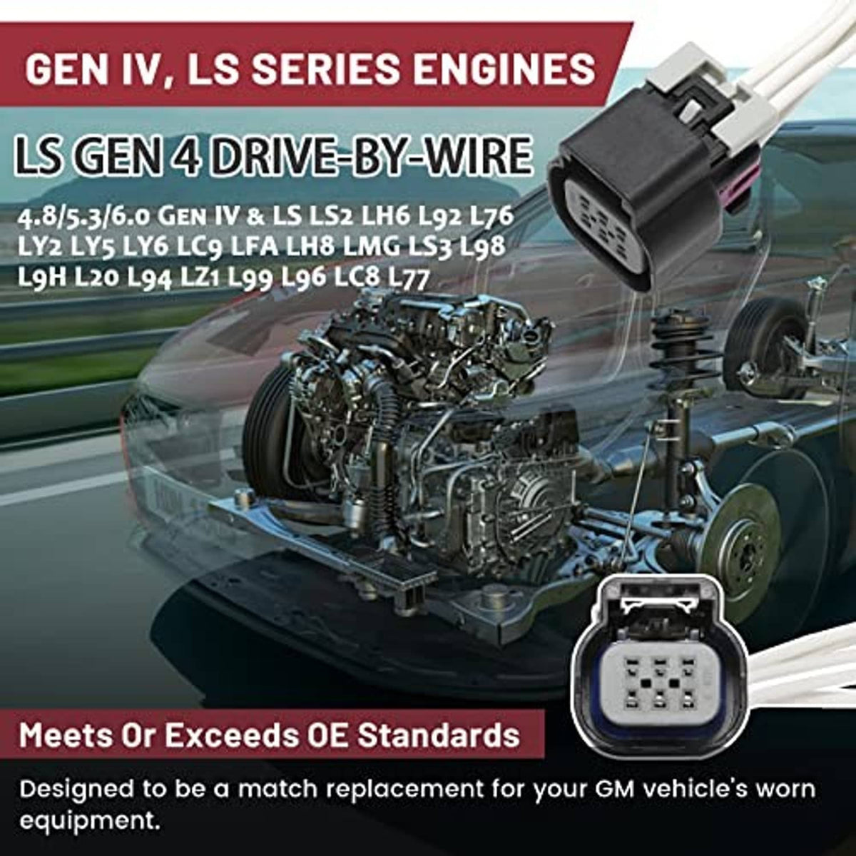Throttle body connector pigtail harness with black plug and white wires for Gen IV LS engines