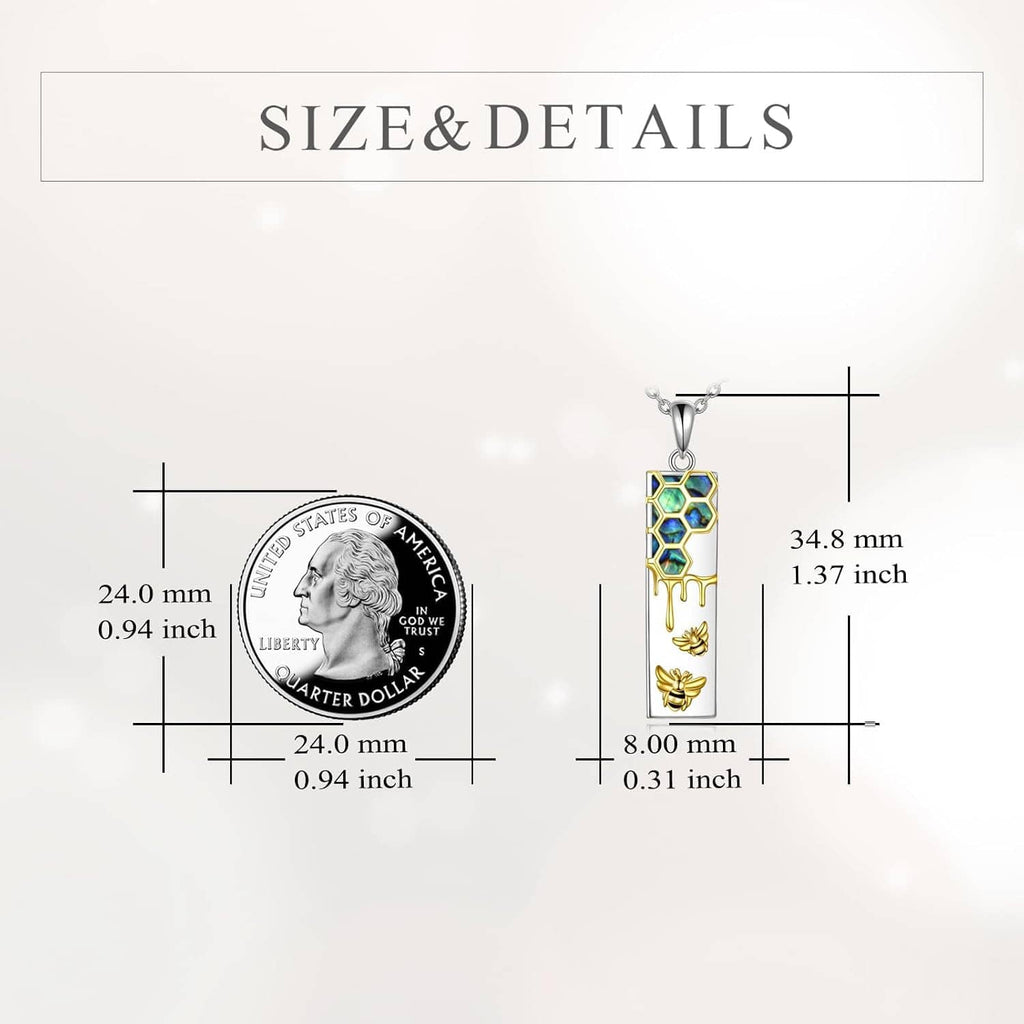 Size and details diagram for rectangle pendant necklace with blue enamel and gold bee charms