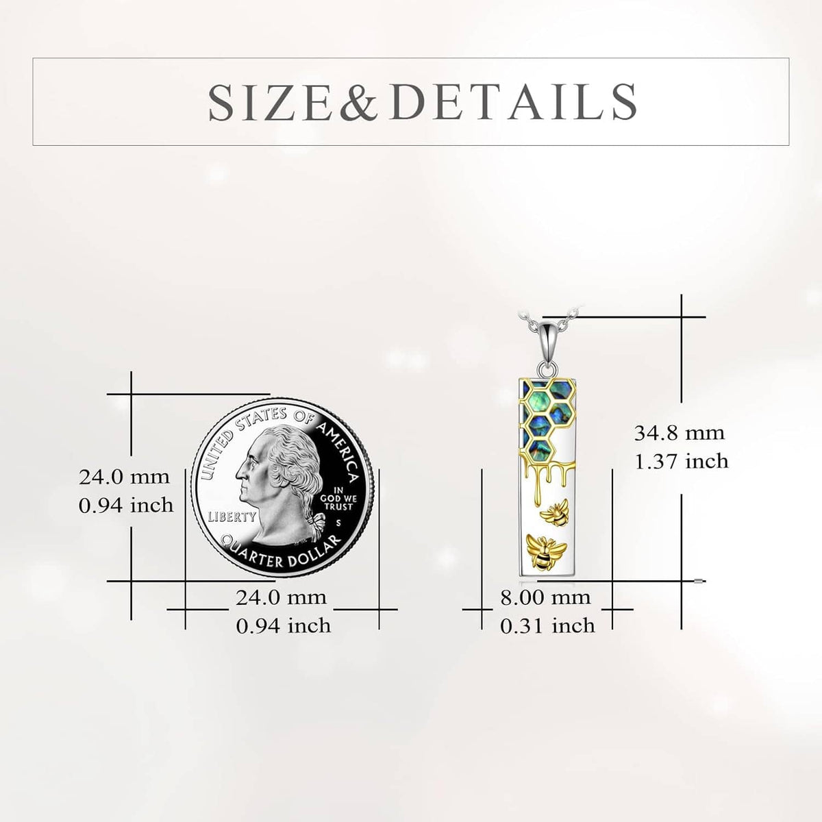 Size and details diagram for rectangle pendant necklace with blue enamel and gold bee charms