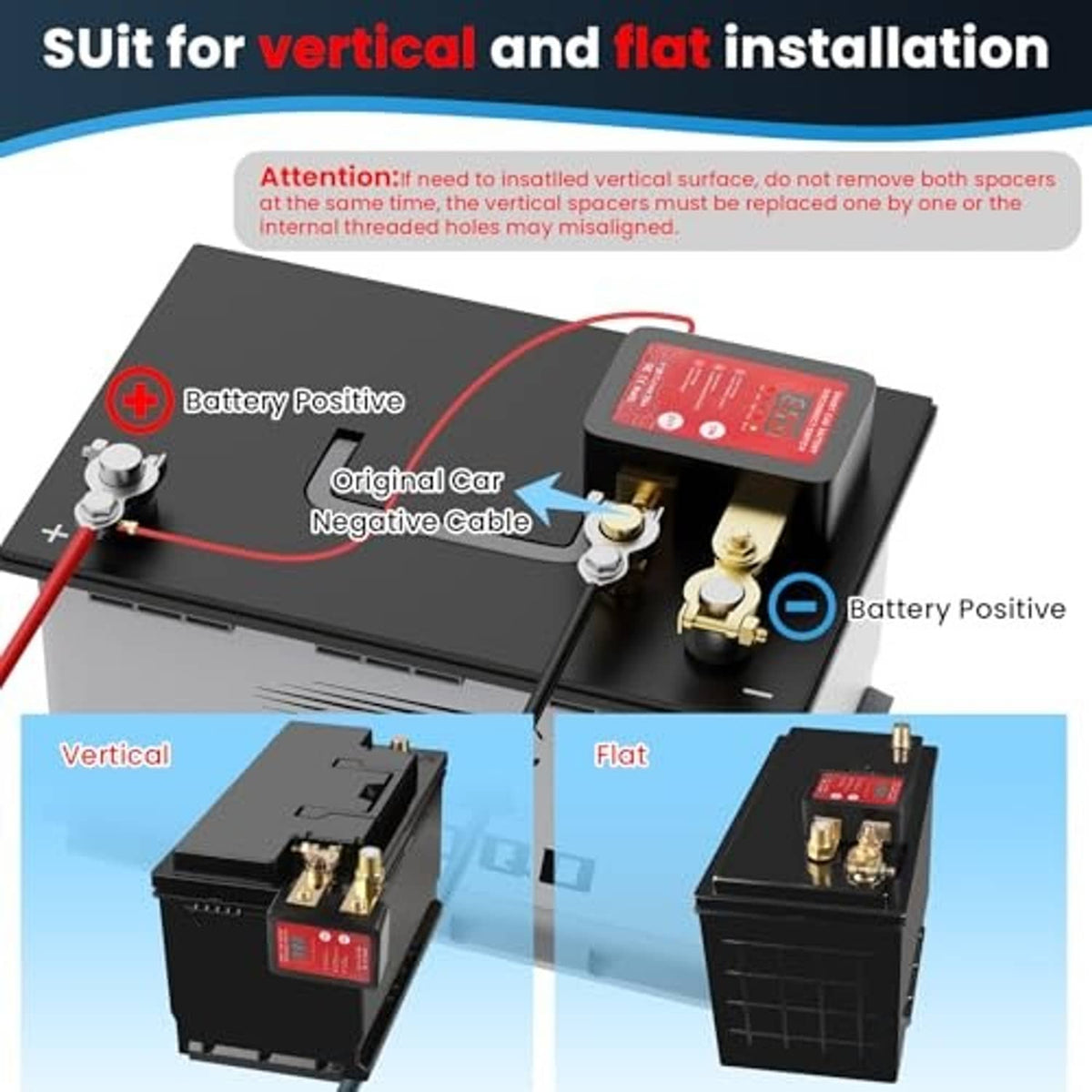 Battery disconnect switch installation diagrams for vertical and flat mounting with terminal points.