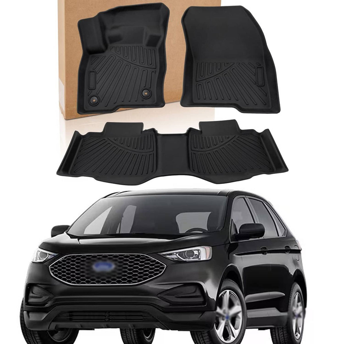 Black all-weather floor mat set with four pieces and ridged tread patterns