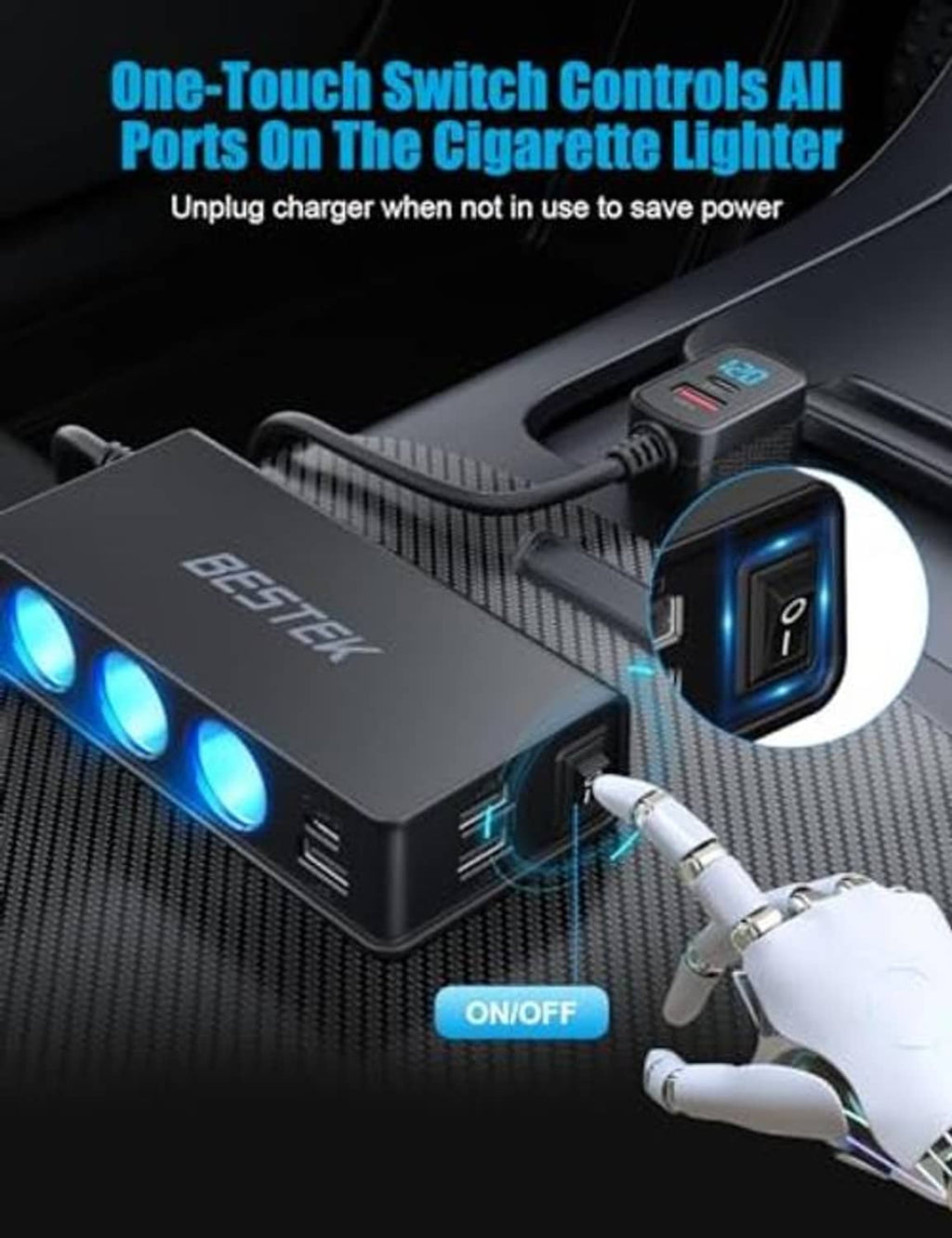 Black car charger splitter with blue LED circles, power rocker, and connected cables