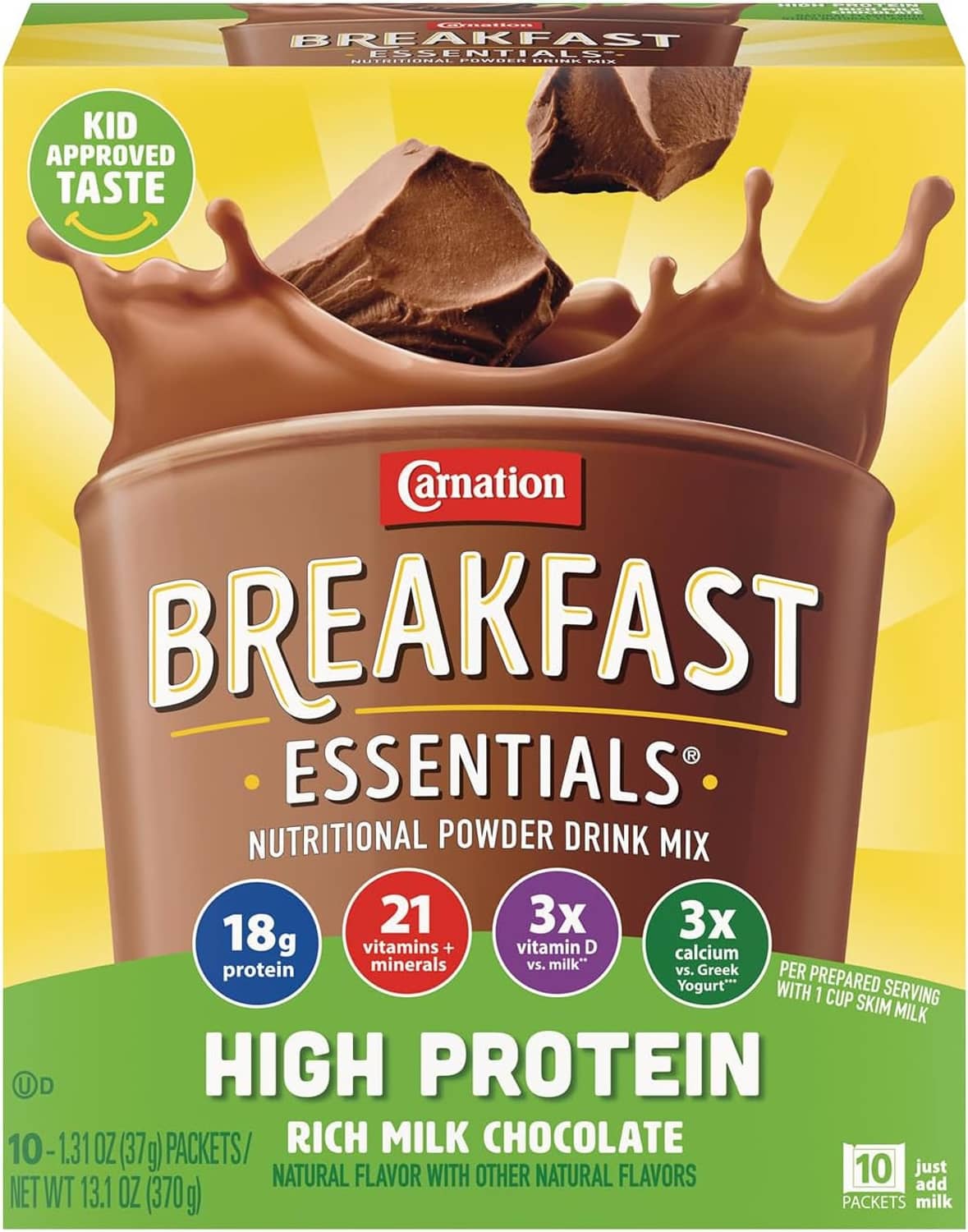 Front of Breakfast Essentials high protein rich milk chocolate drink mix packet