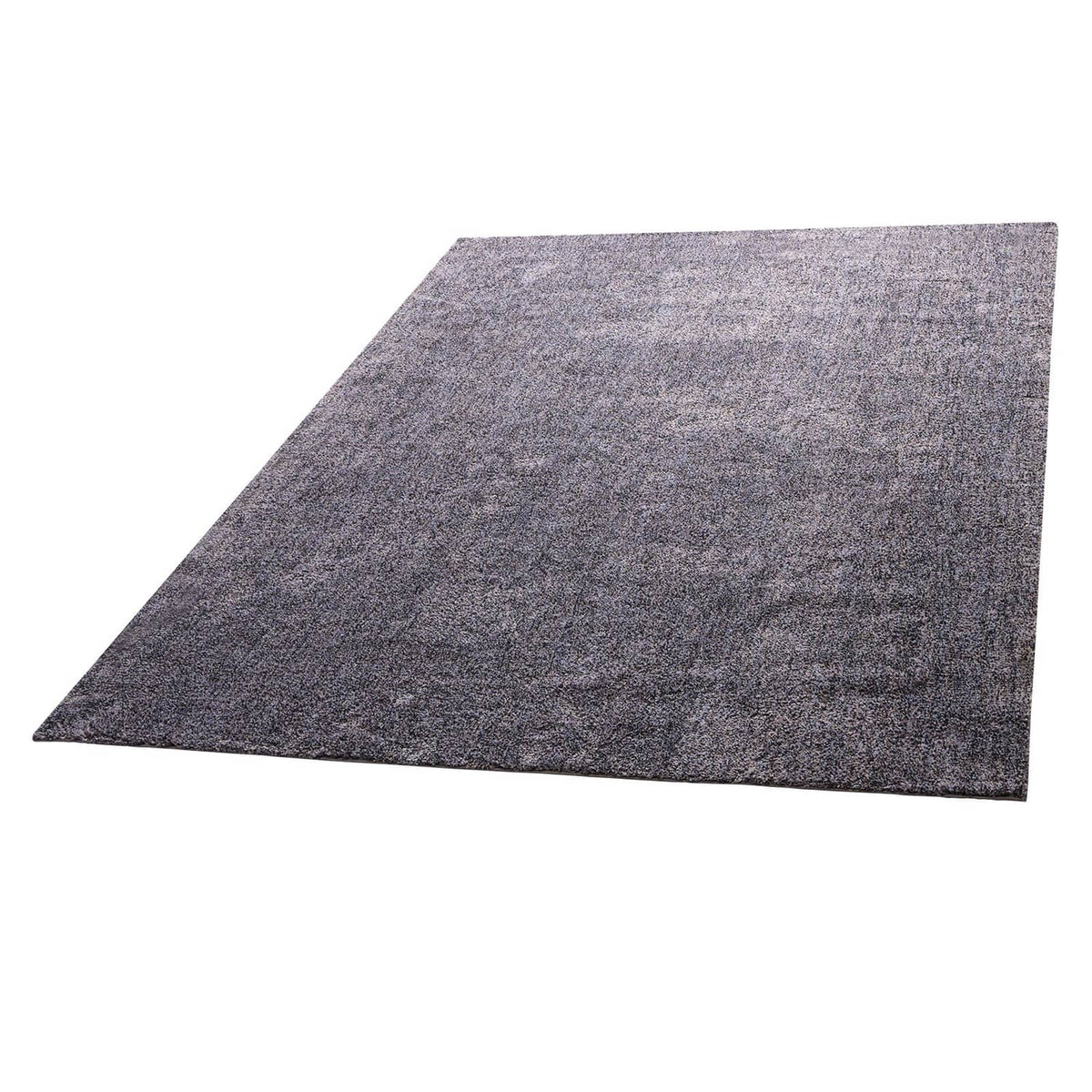 Dark gray plush indoor area rug, close angled view, speckled low-pile texture