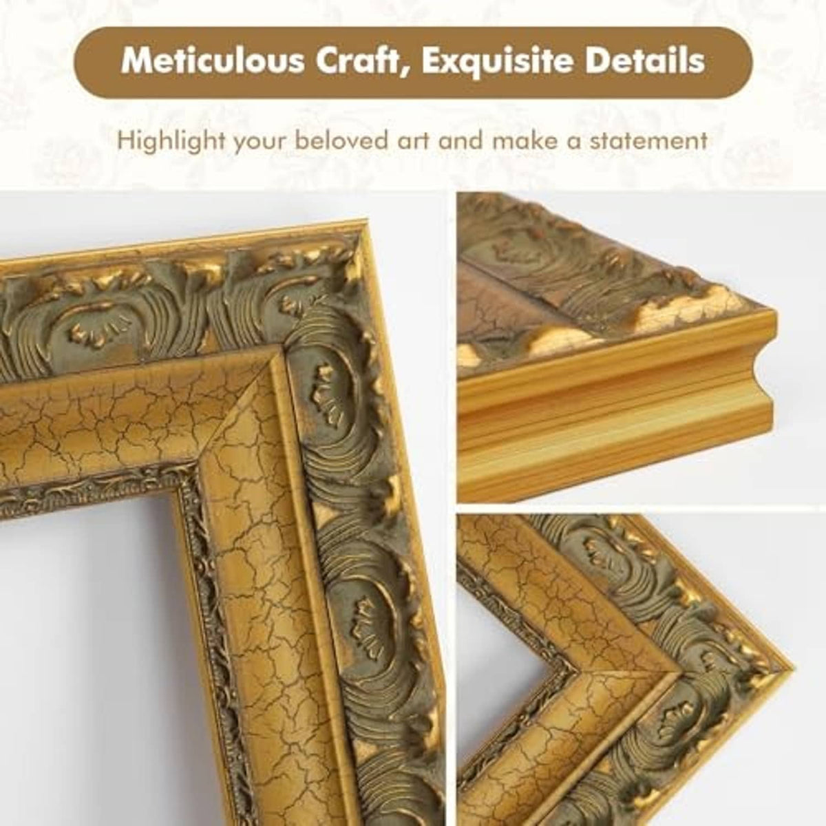 Ornate gold frame corner and side profile with raised baroque-style detailing