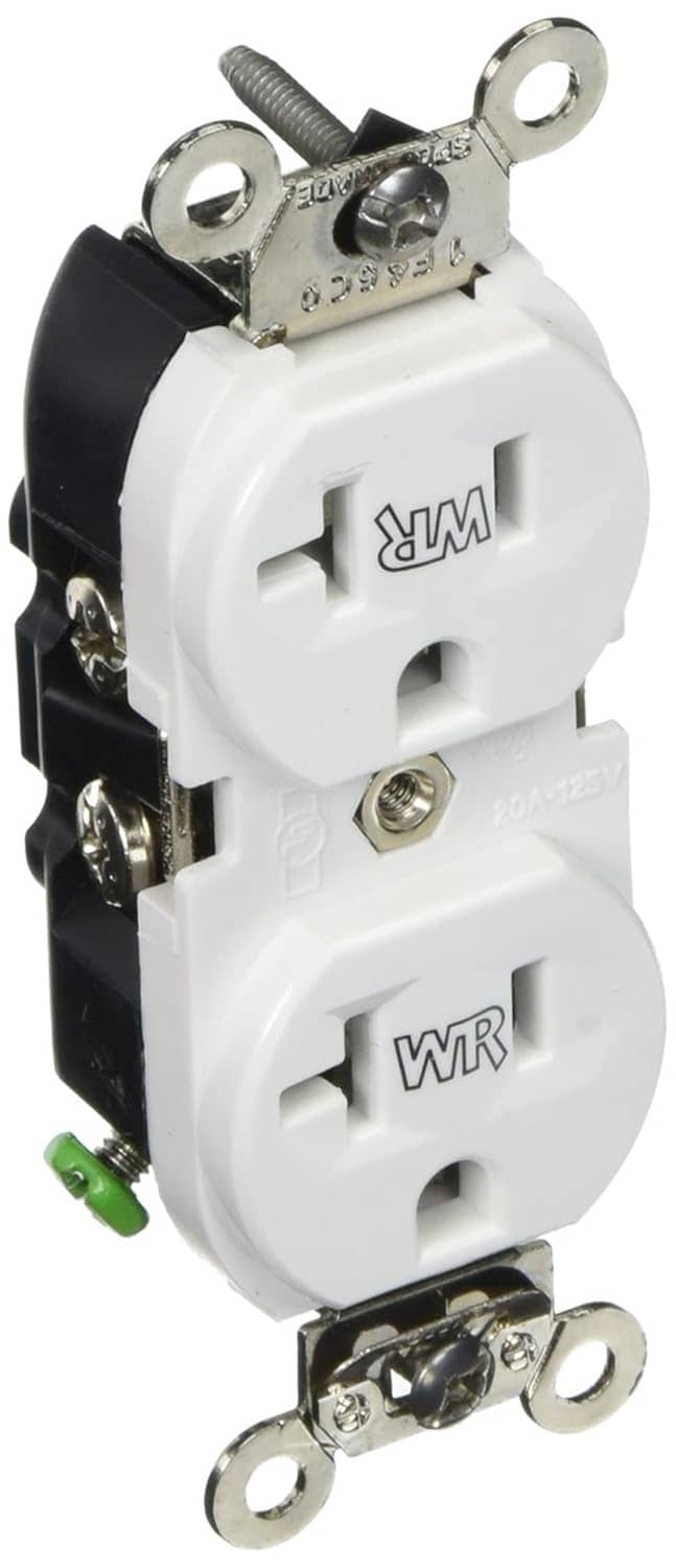 Industrial 20A 125V wide-body duplex receptacle, grounding hardware on white base