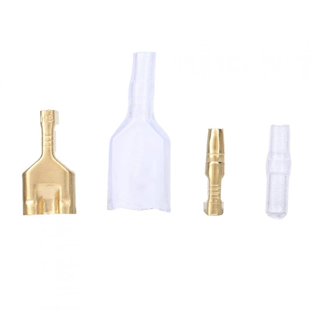 Gold bullet crimp terminals with clear insulators arranged on white background
