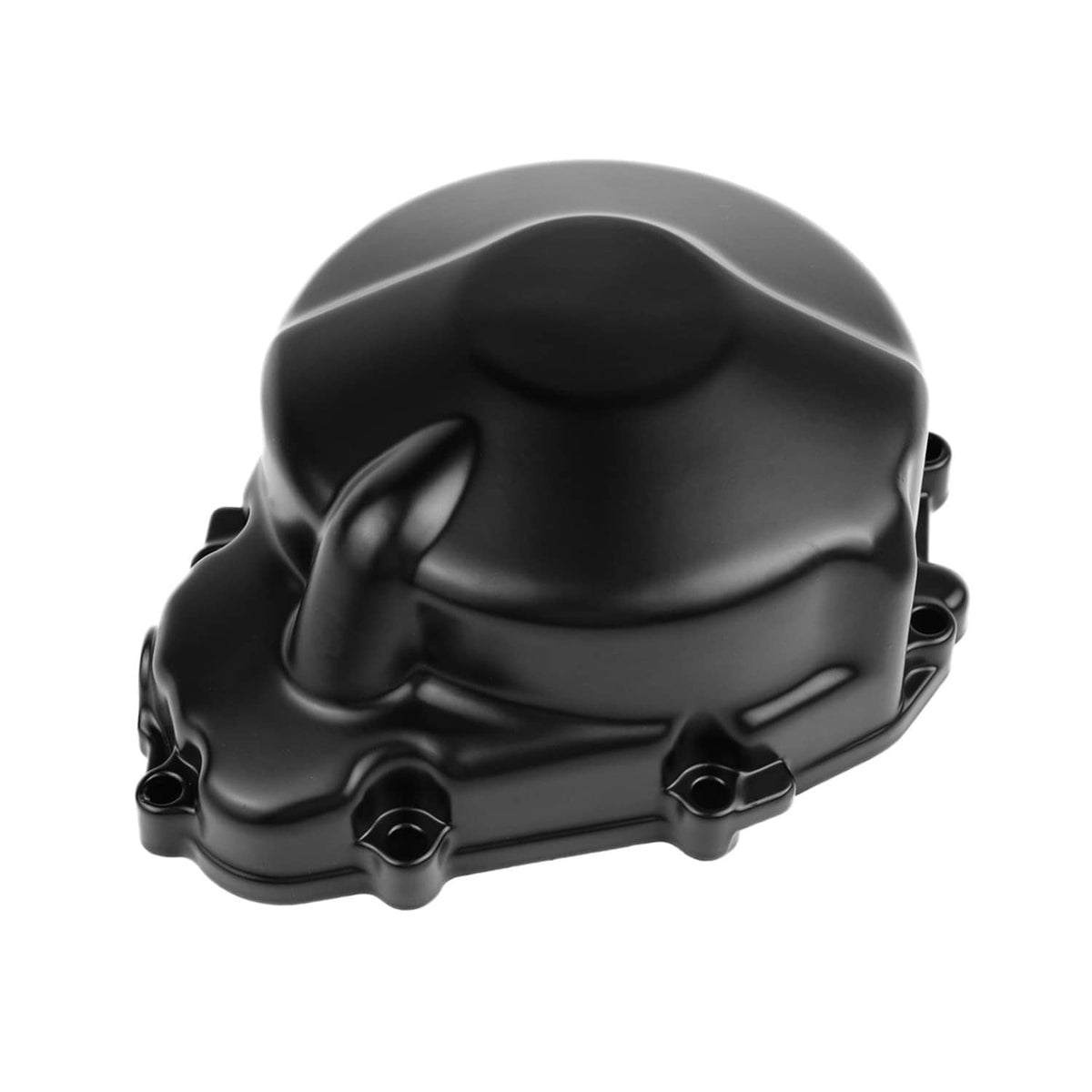 Left crankcase stator cover, black molded housing with bolt heads along the edge.