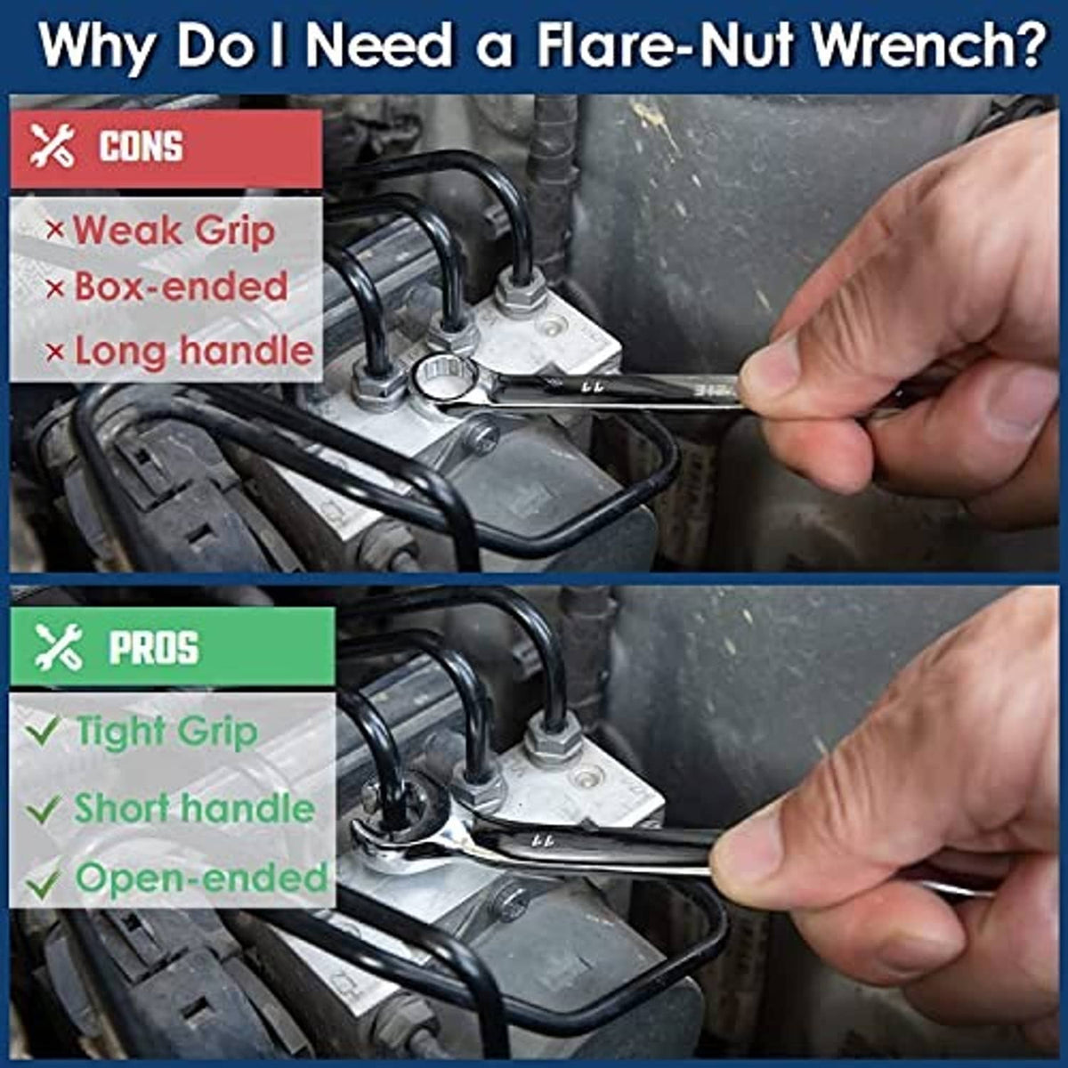 Hand holds a flare-nut wrench on a bolt and fitting