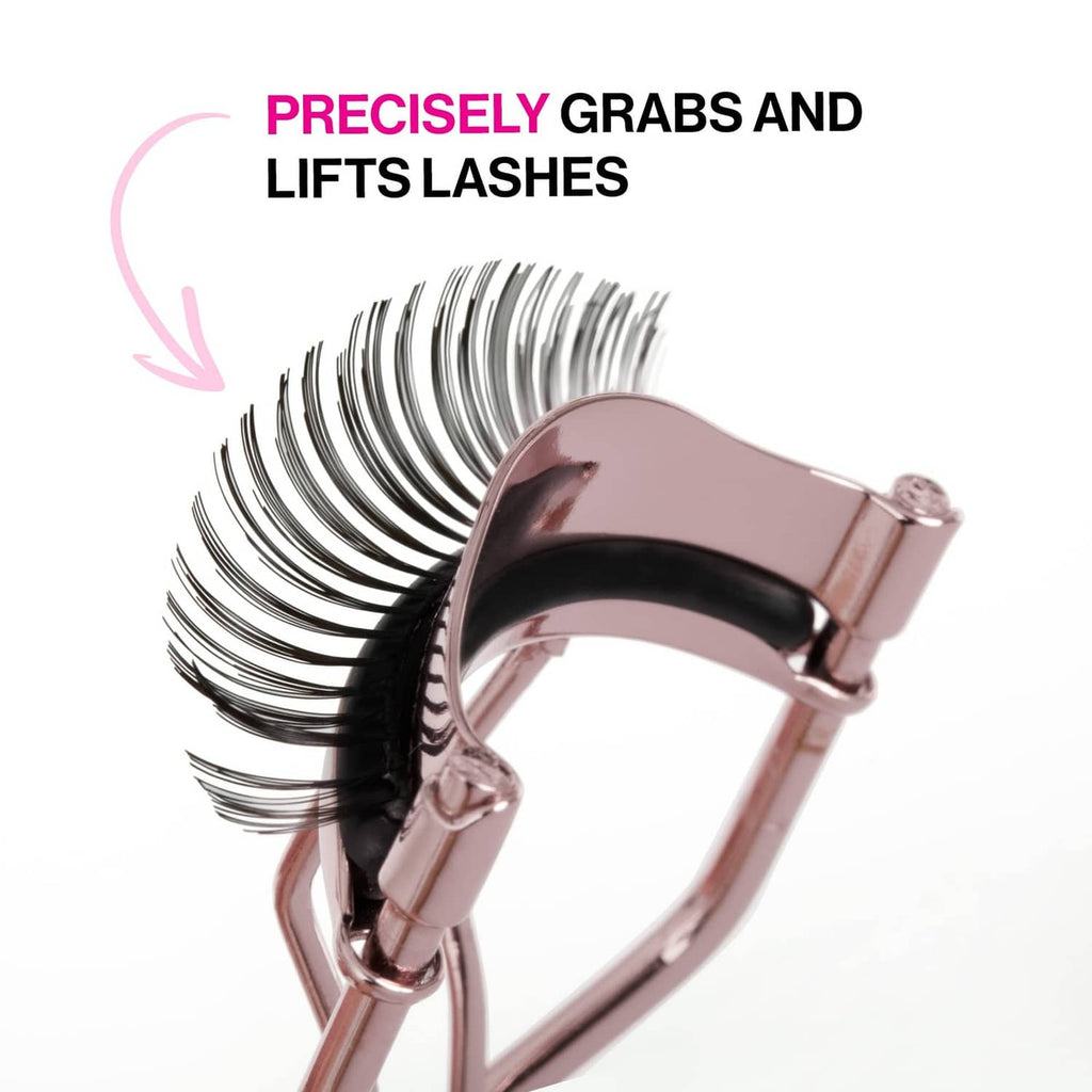 Rose gold eyelash curler head with black pad lifting lashes