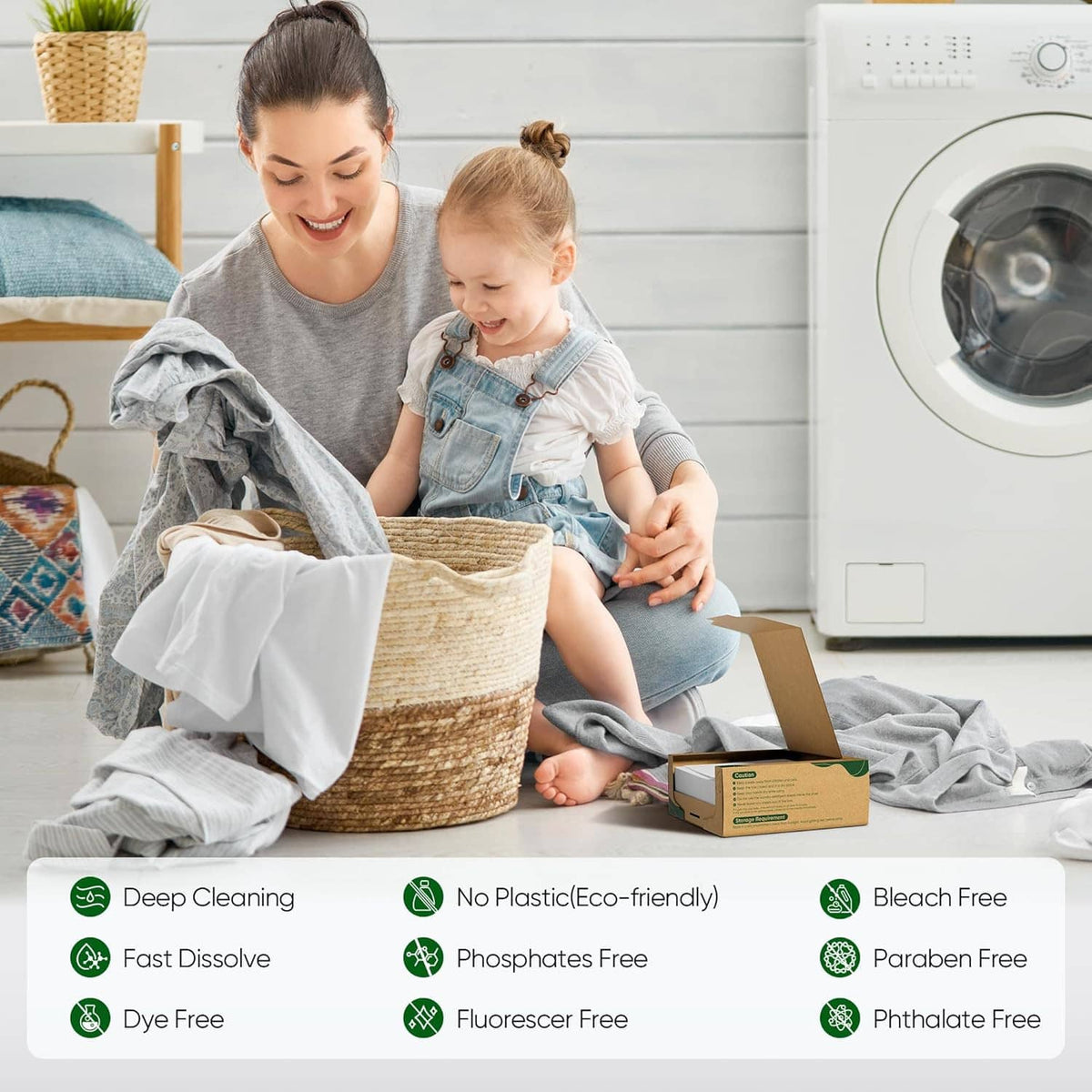 Laundry detergent sheets box beside washing machine with folded gray clothes