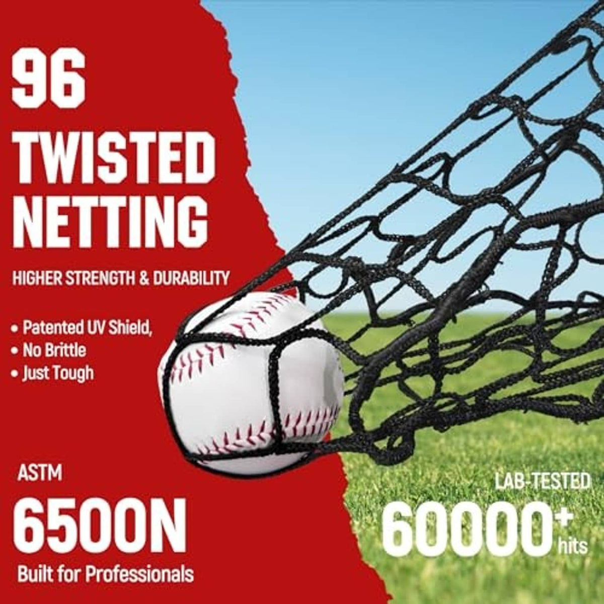 Twisted black netting with baseball on a strength-durability graphic