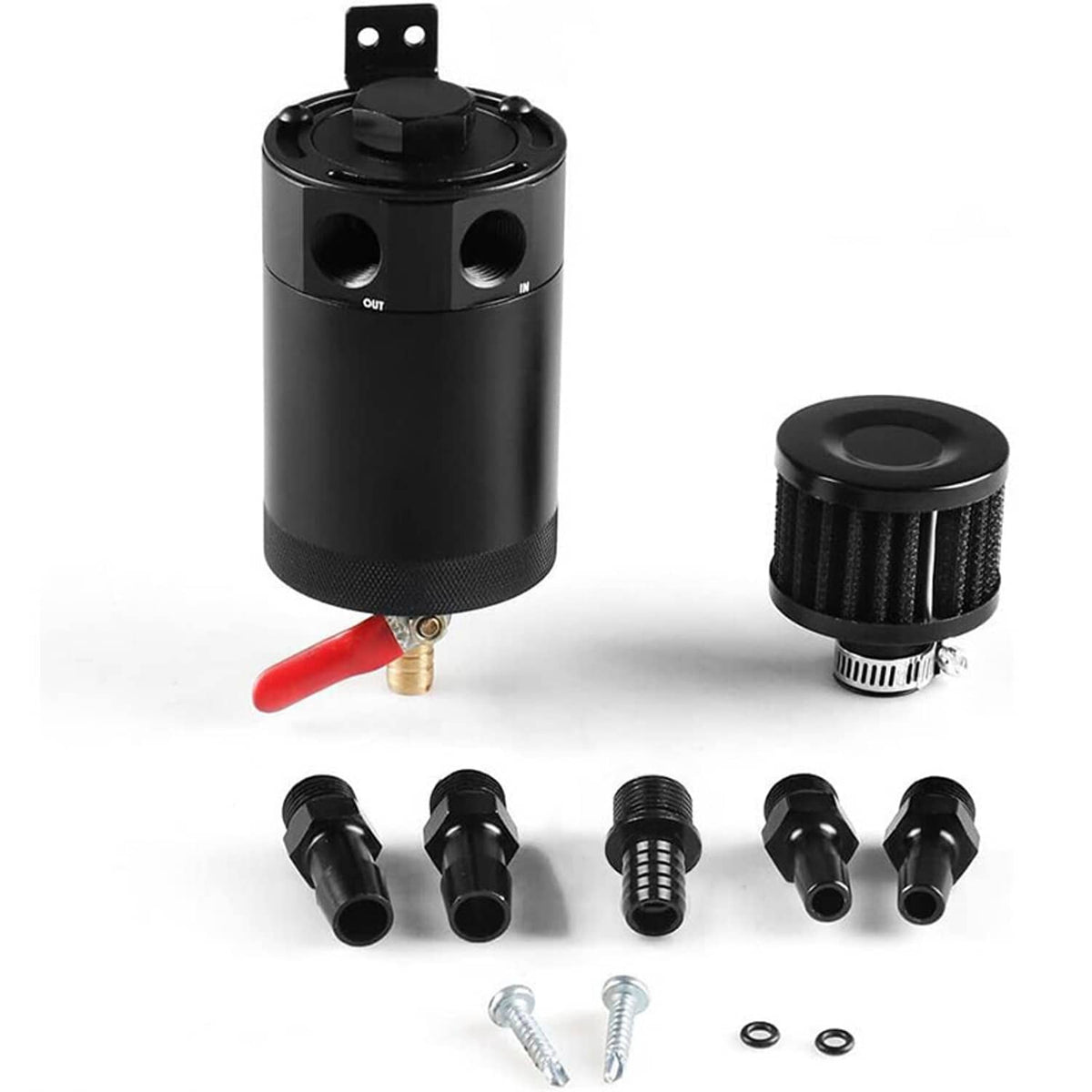 Black oil catch can with breather filter, drain valve, and mounting bracket