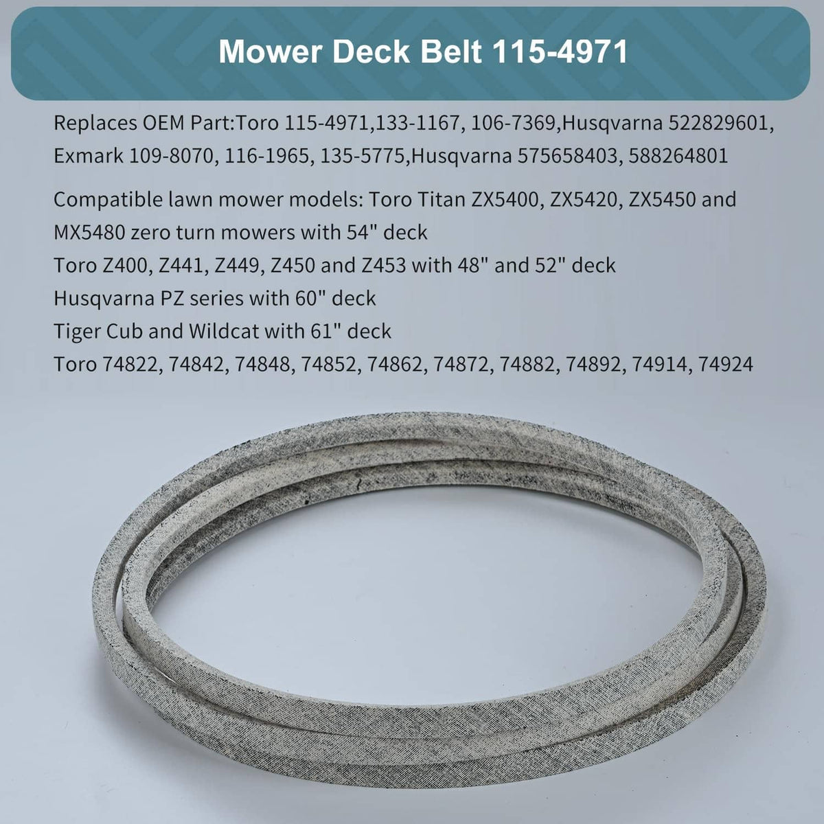 Mower deck belt, gray speckled rubber loop shown flat