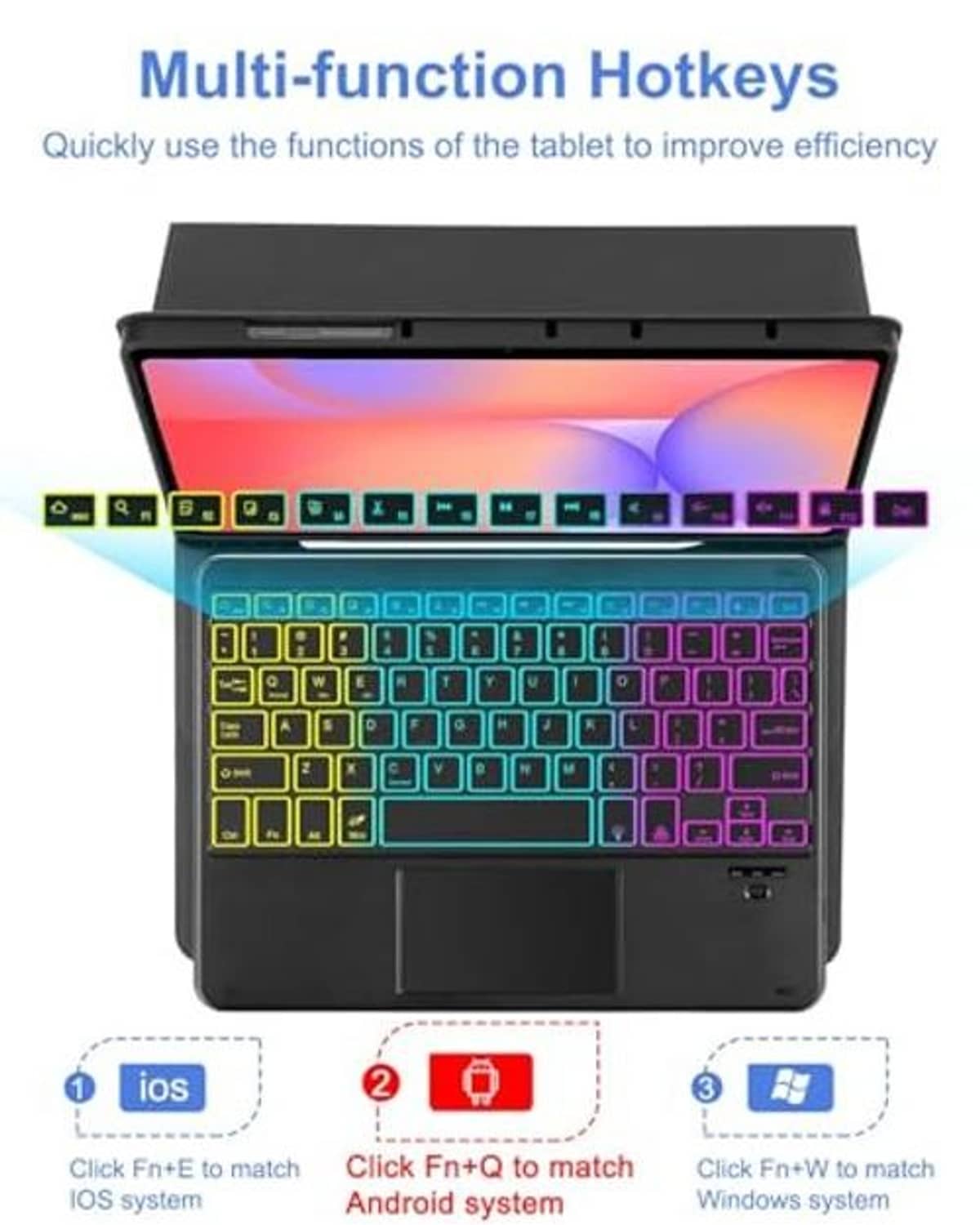 Black tablet keyboard case with RGB backlit hotkeys and multi-function shortcut panel.