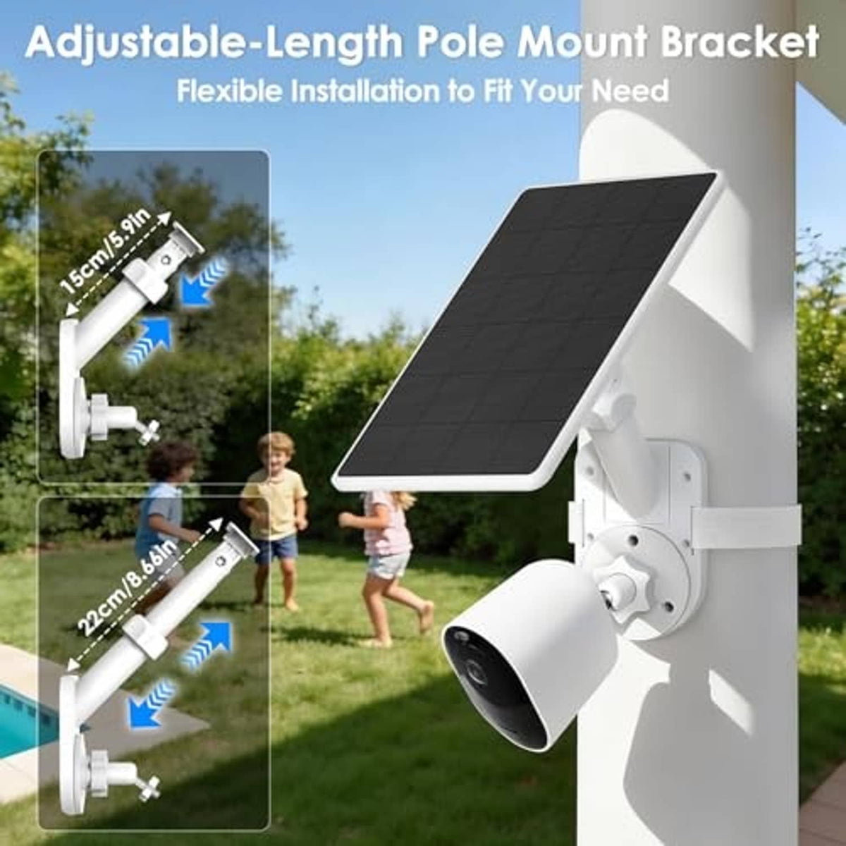 White adjustable pole mount bracket with solar panel and security camera